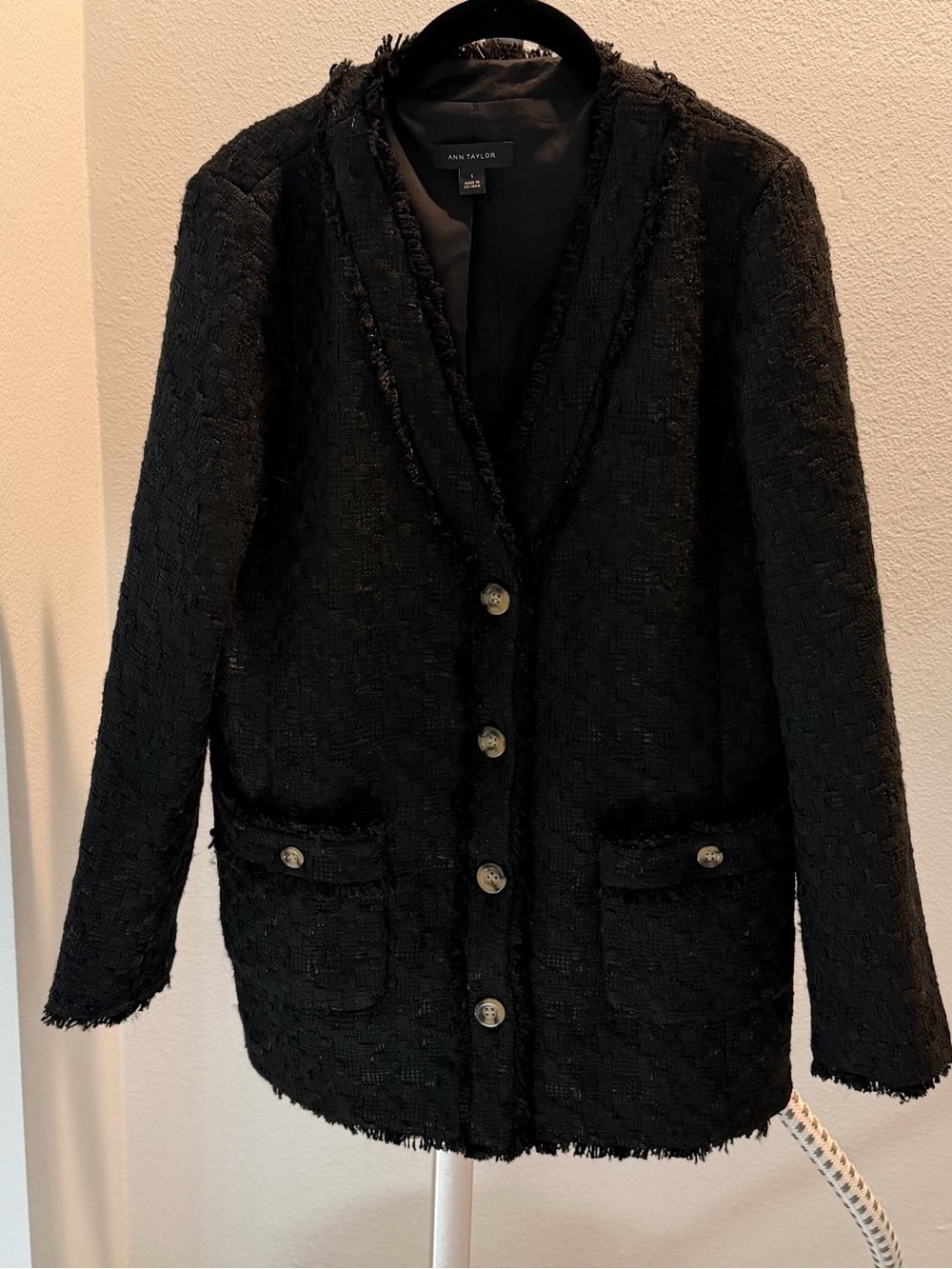 Ann Taylor Black Fringe-Trim Tweed Blazer